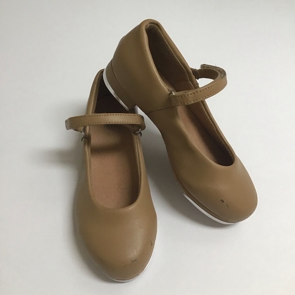 Tap Dance Shoes Little Girls SZ 10M Tan Hook Loop Strap Beige Recital Leo Rhythm - Picture 1 of 15